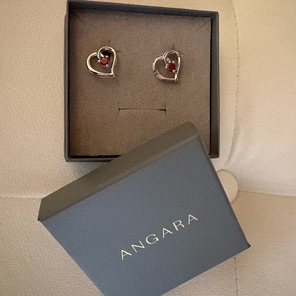 Angara Silver Heart Earrings with Red Gemstones